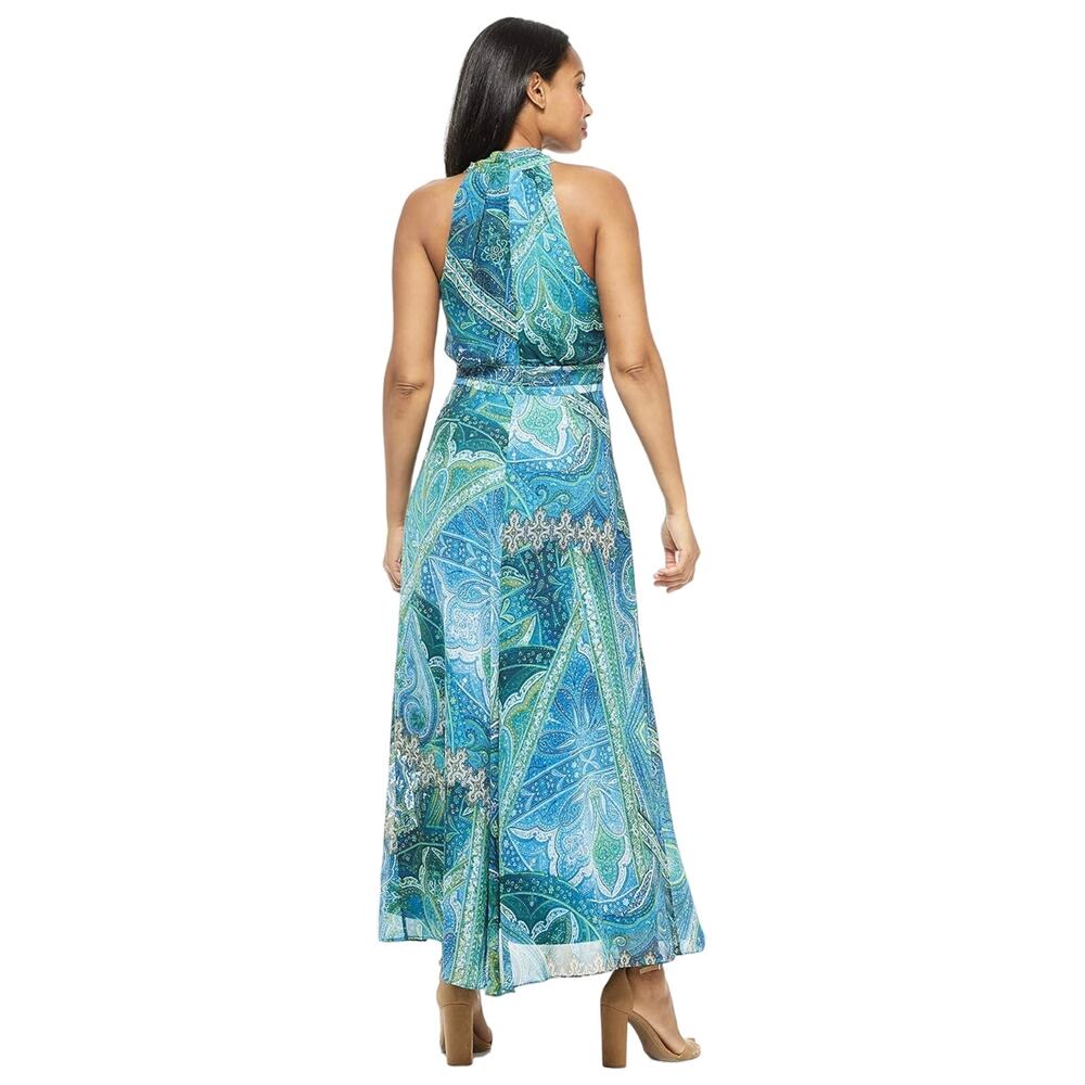 London Times Blue Green Zippered Paisley Print Maxi Dress Women's 8 Medium - Picture 2 of 14